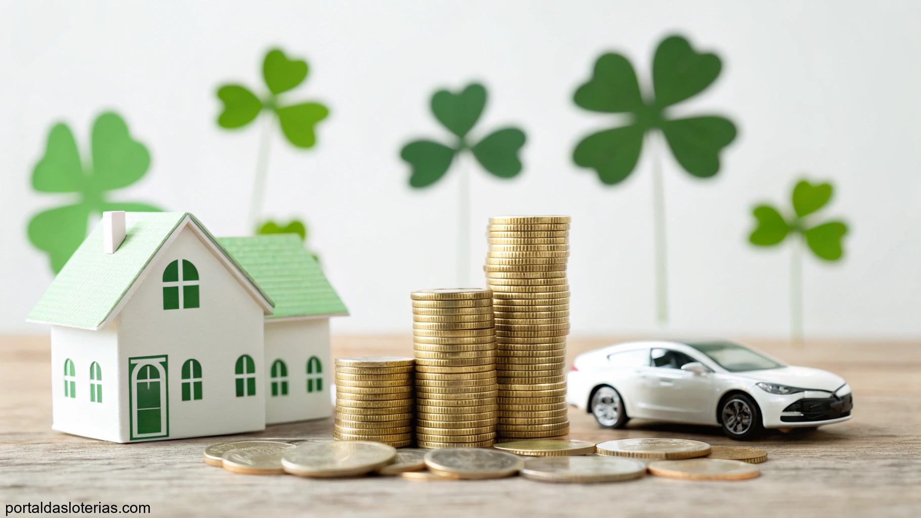 imagem de símbolos de sorte e riqueza com casa, carro e moedas em verde