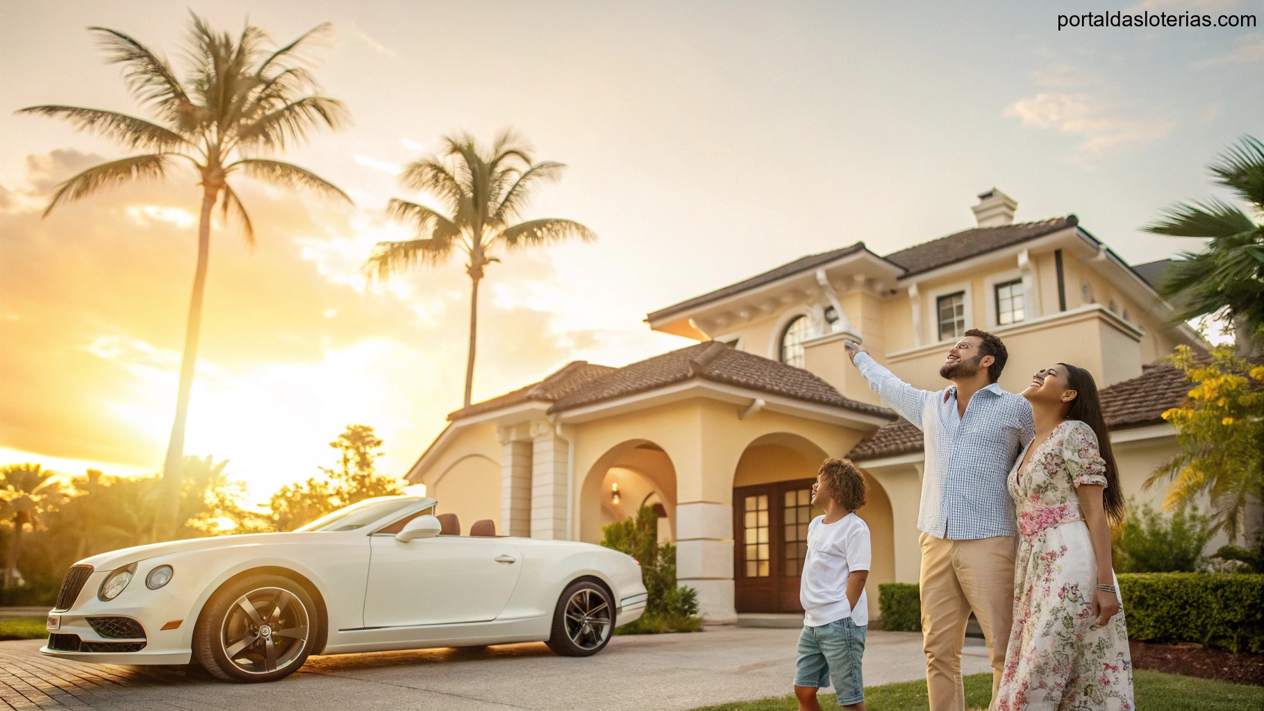 Imagem de uma família feliz em frente a uma casa luxuosa com um carro de luxo, representando sonhos realizados.