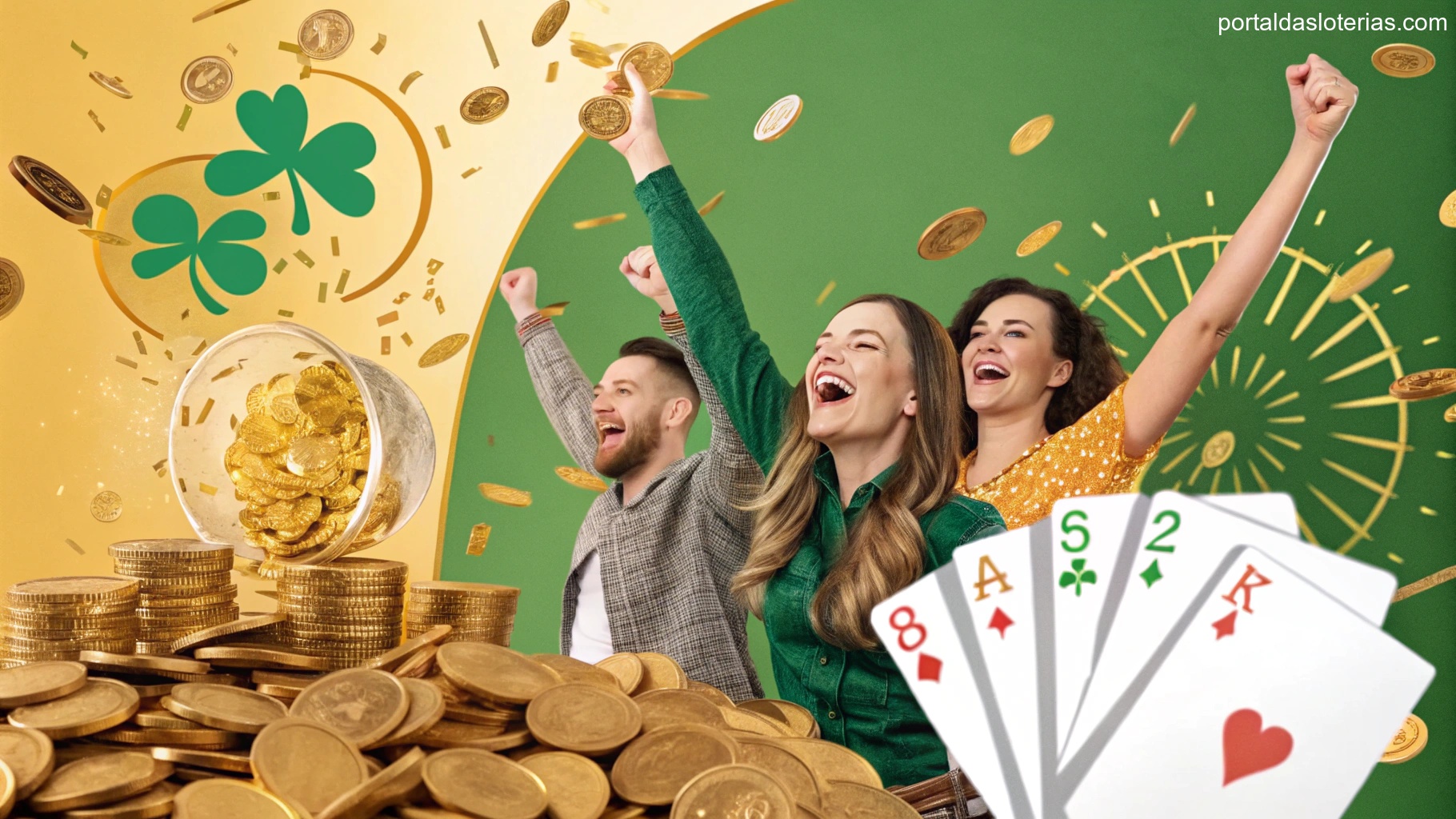 imagem representando sorte com moedas de ouro e pessoas celebrando