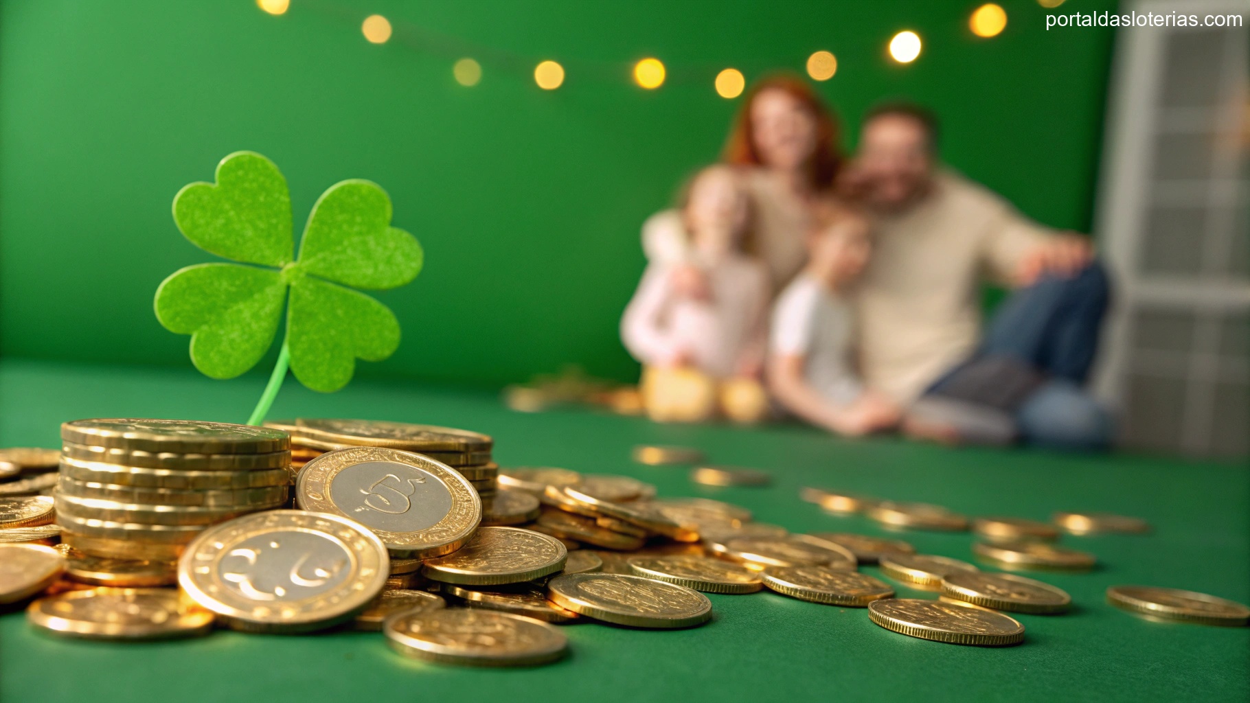 Imagem representando sorte com trevo dourado, moedas e família celebrando em um cenário festivo.