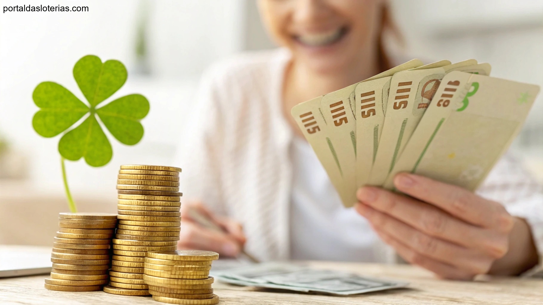 Imagem de símbolos da sorte e sucesso financeiro, como moedas de ouro e trevo de quatro folhas.