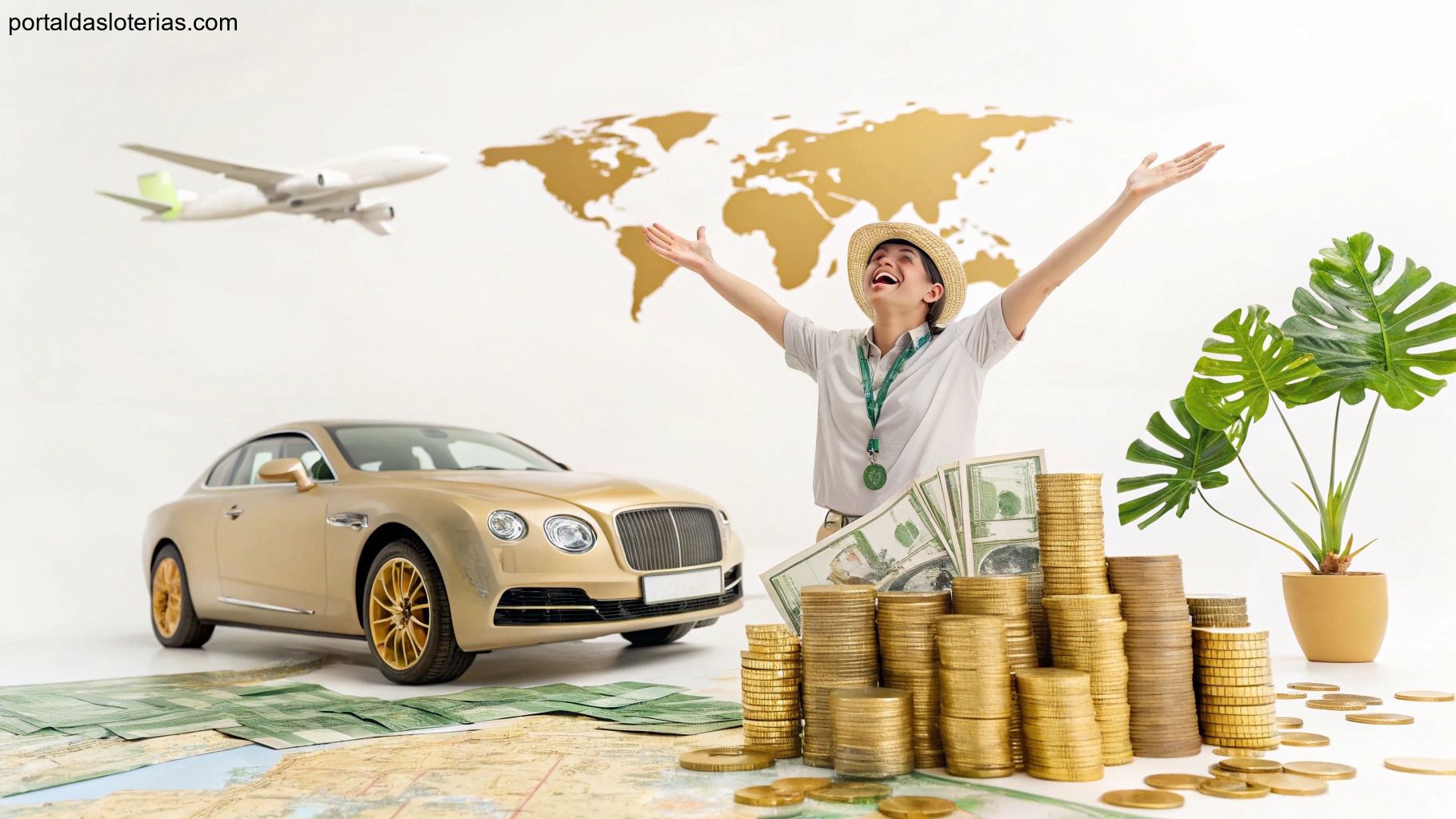 Imagem de uma pessoa comemorando vitória na loteria com símbolos de riqueza como moedas e carro de luxo.