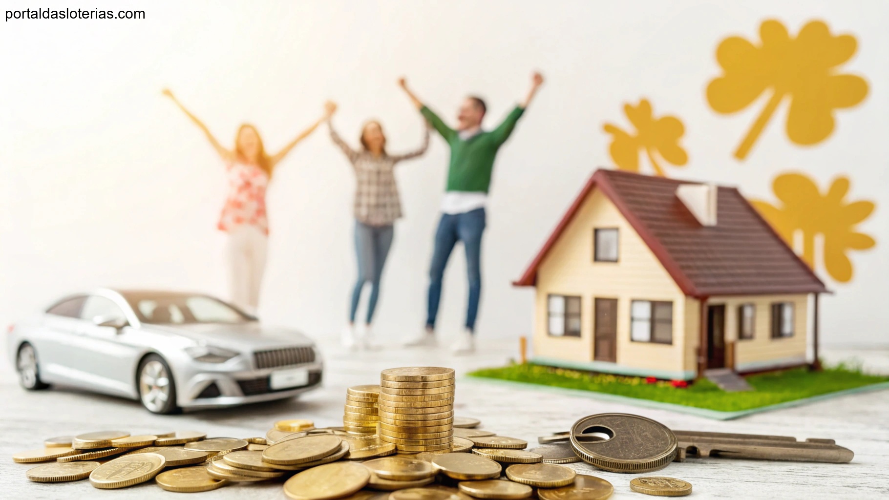 Imagem representando sorte e fortuna com símbolos como moedas de ouro, casa e carro luxuoso