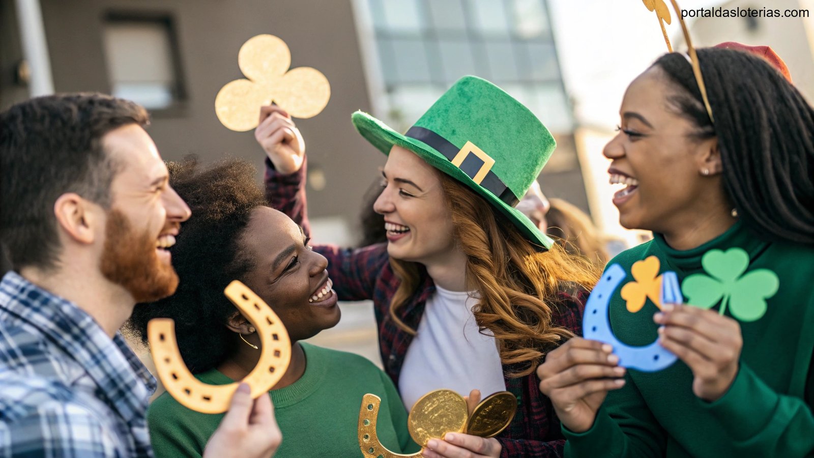 imagem de pessoas celebrando a sorte com itens simbólicos como moedas de ouro e trevos