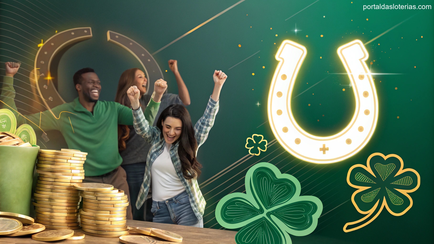Imagem de símbolos de sorte e riqueza com fundo vibrante em verde e dourado
