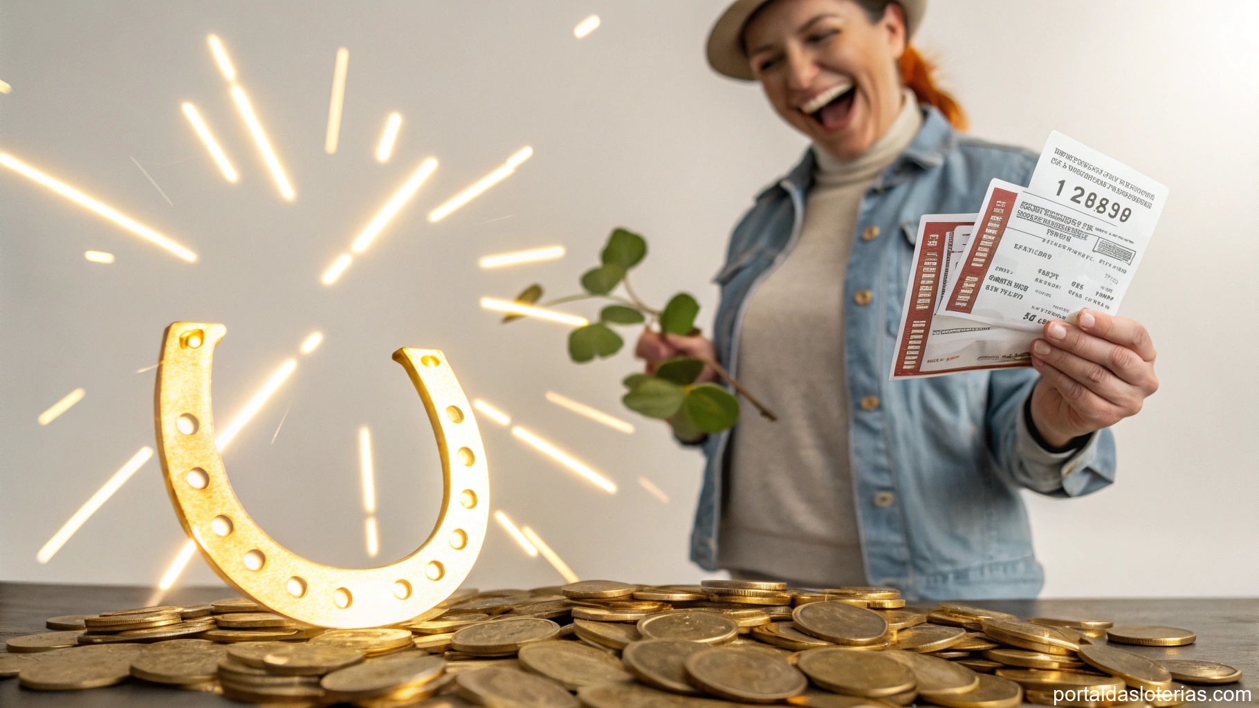 Imagem ilustrando sorte e fortuna com moedas de ouro e ferradura brilhante.
