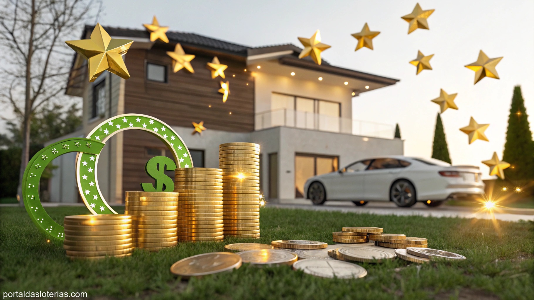 Imagem com símbolos de sorte e riqueza como estrelas e moedas douradas, junto a casa e carro simbolizando prêmio.