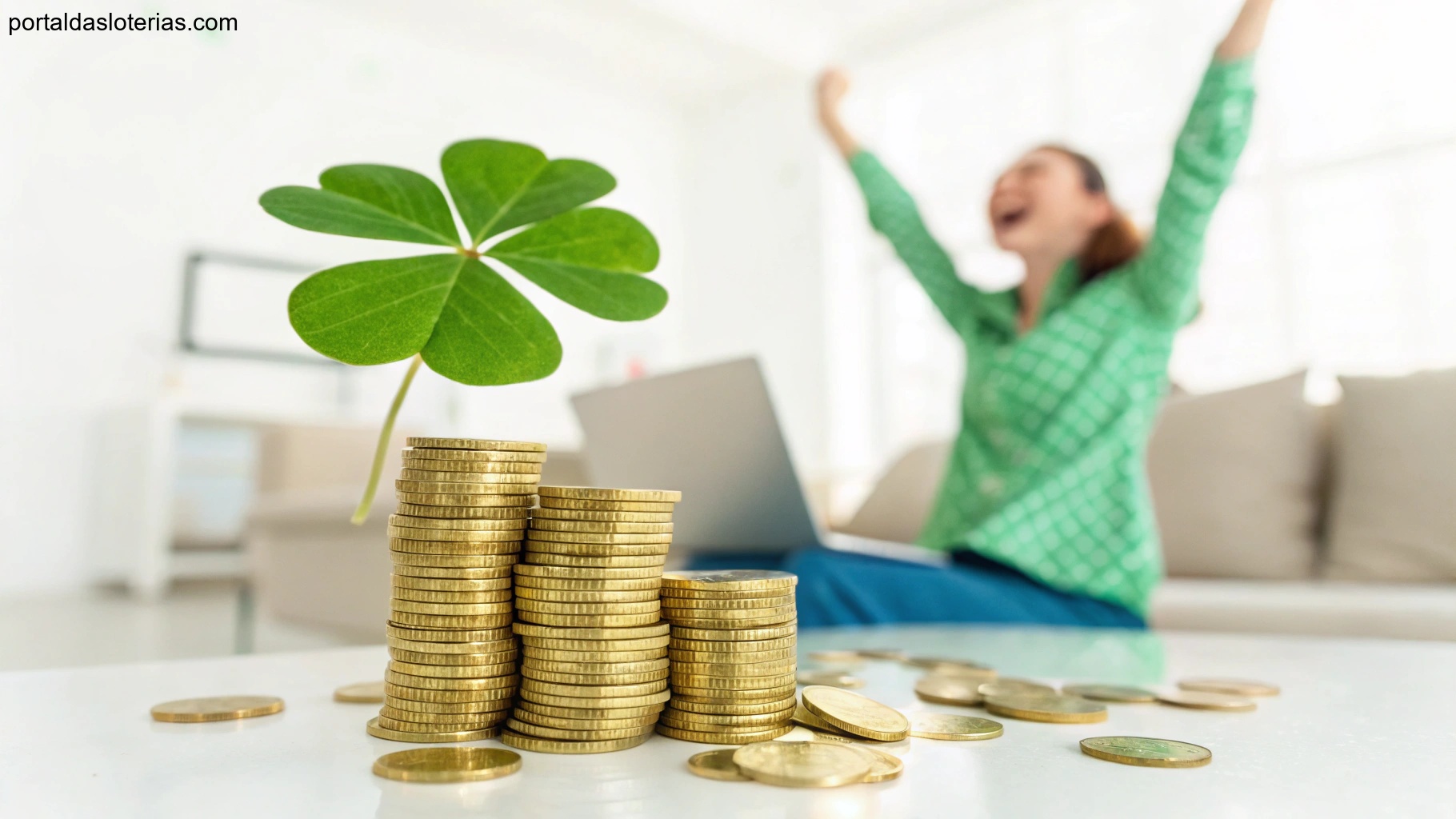 imagem de elementos associados à sorte, como moedas douradas e trevo de quatro folhas