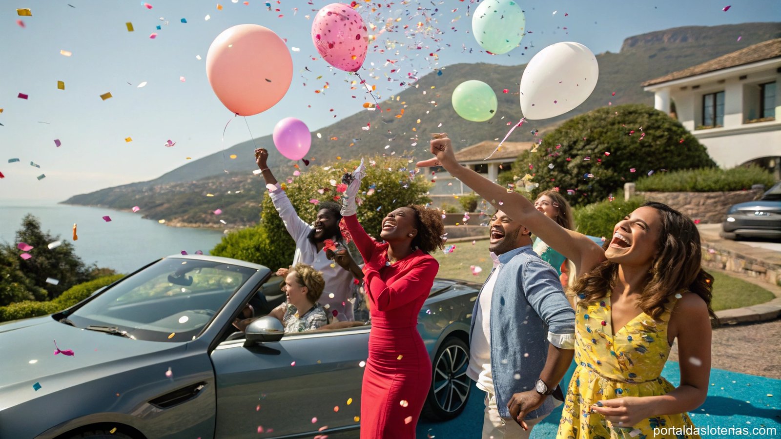 Imagem de pessoas celebrando vitória com confetes, casa de luxo e carro no fundo.