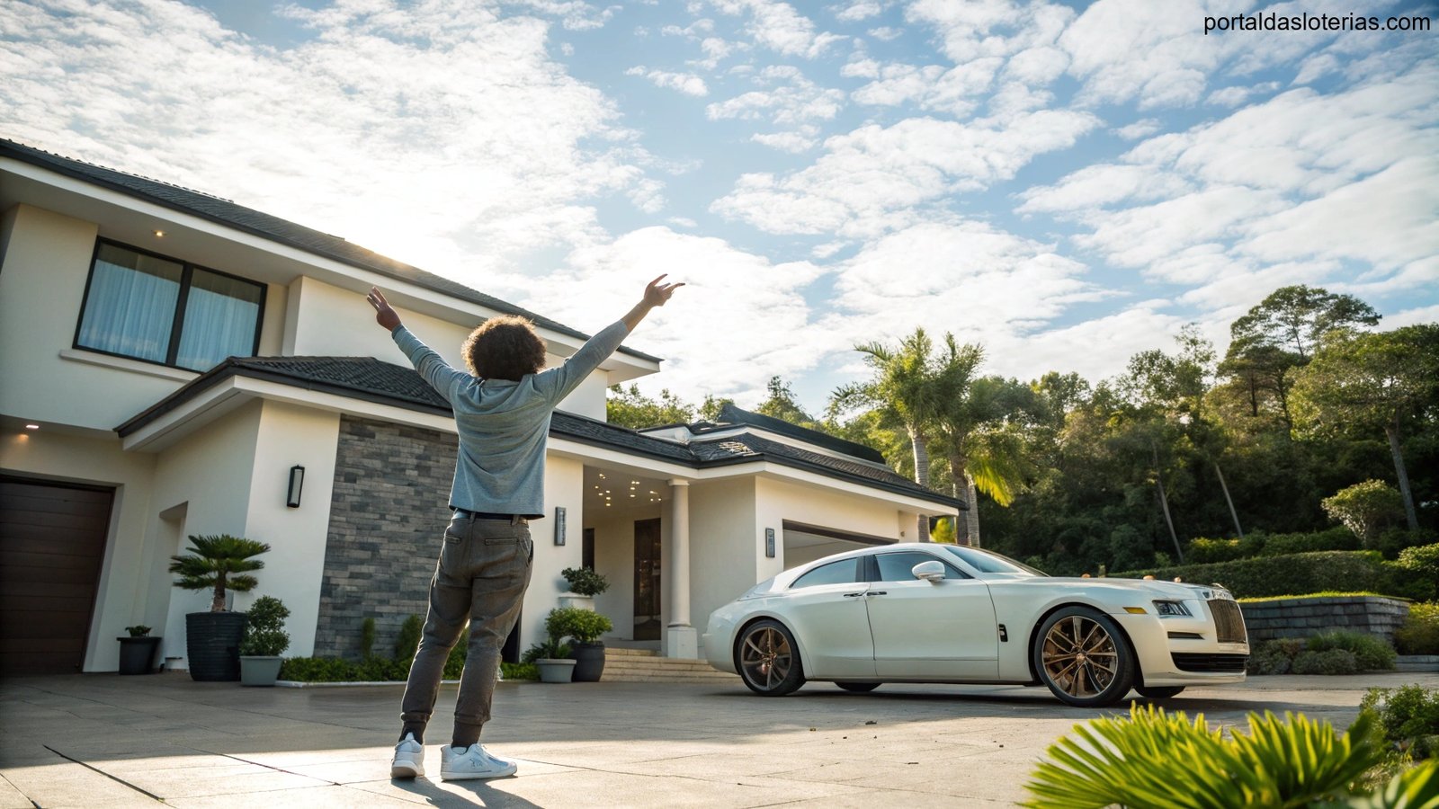 Imagem de pessoa comemorando na frente de uma casa moderna e um carro de luxo, simbolizando sonhos de ganhar na loteria.