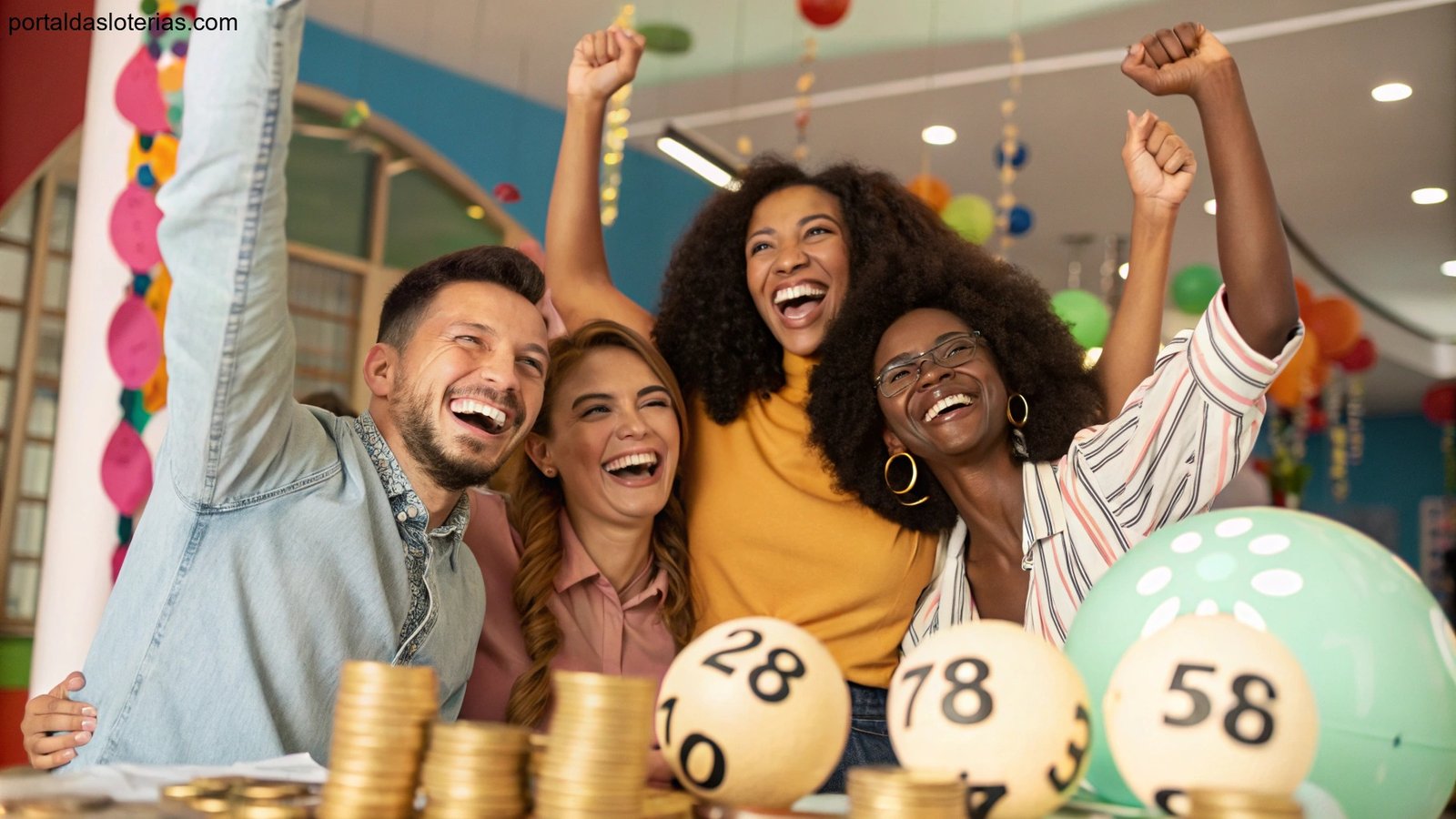 Imagem de pessoas celebrando com elementos simbólicos de sorte e dinheiro, como moedas douradas.