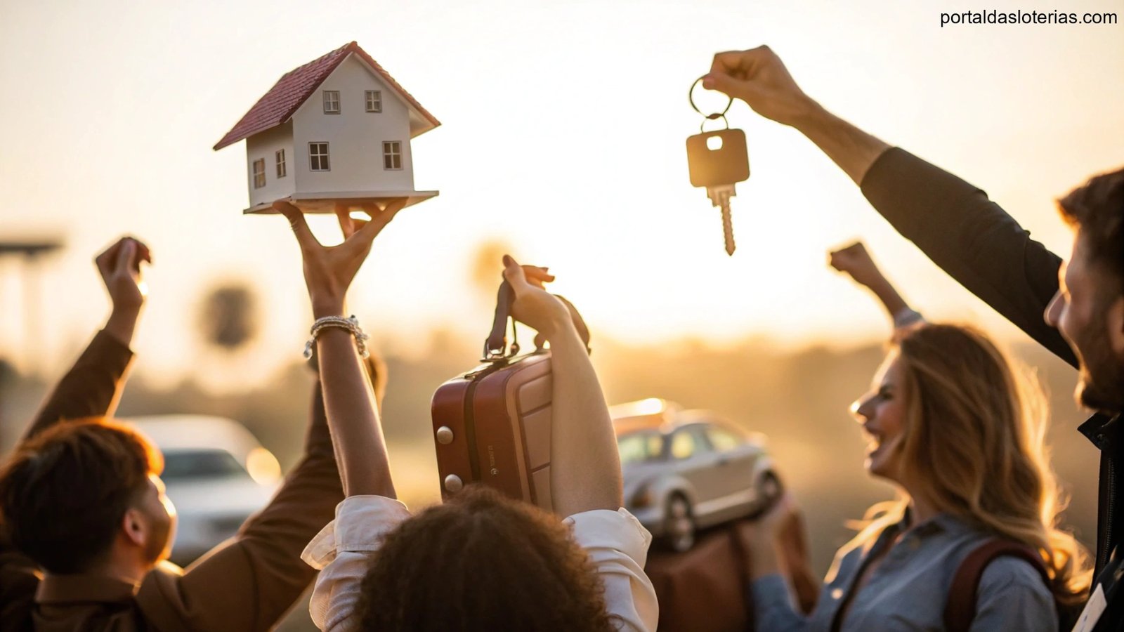 imagem de pessoas celebrando simbolicamente uma possível vitória na loteria com objetos como casa, carro e viagem