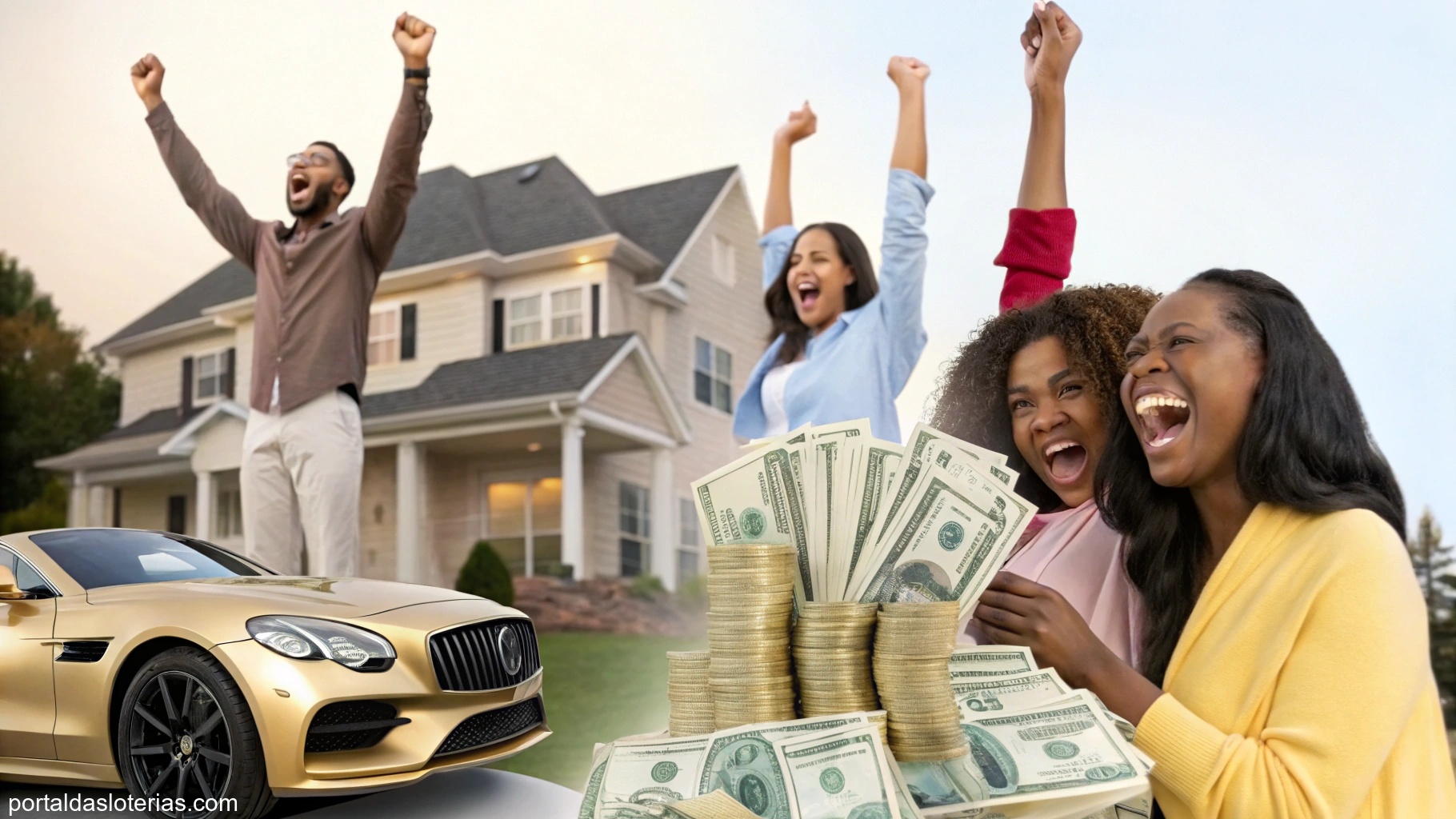Imagem de pessoas celebrando a vitória na loteria com símbolos de riqueza como carro e casa.