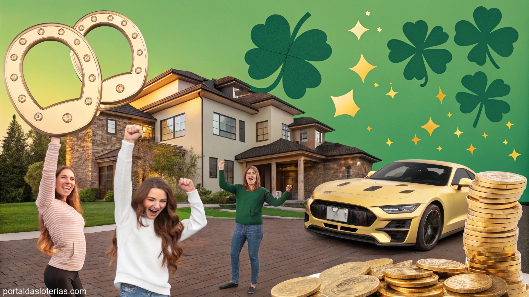 imagem de pessoas celebrando com símbolos de sorte como moedas de ouro e trevo de quatro folhas
