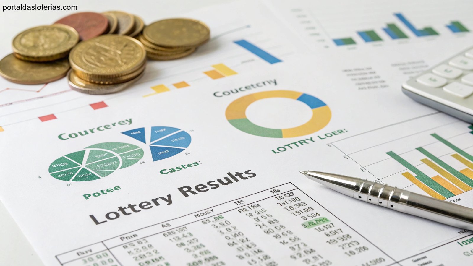 Análise estatística detalhada de resultados de loteria com gráficos e símbolos financeiros.