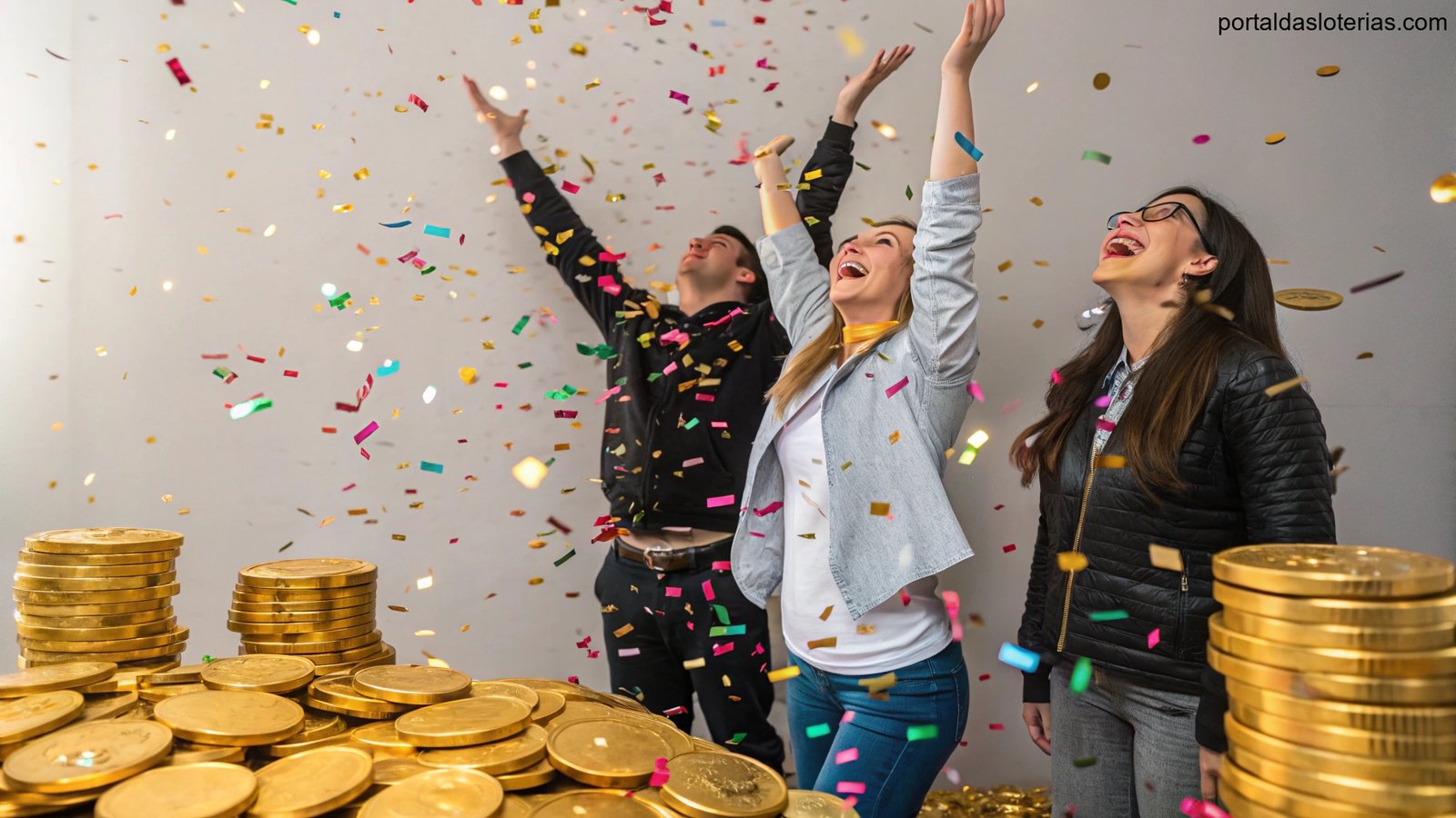 imagem de pessoas celebrando com moedas douradas e confetes, simbolizando sorte e sucesso na loteria