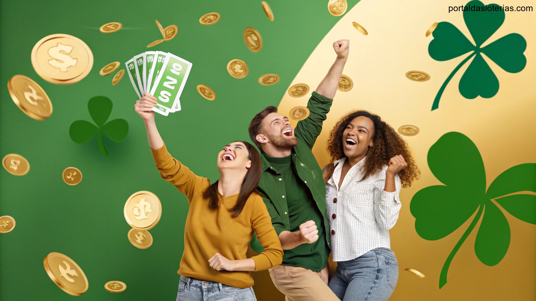 Imagem de pessoas celebrando ganhos e símbolos de sorte, como trevos e moedas douradas