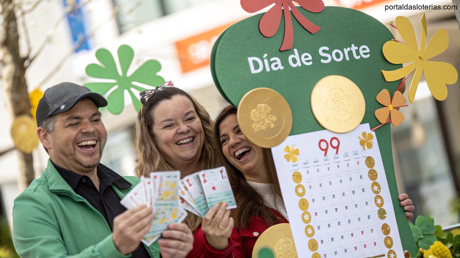 imagem de pessoas celebrando sorteios de loteria Dia de Sorte com símbolos de sorte como moedas e calendário