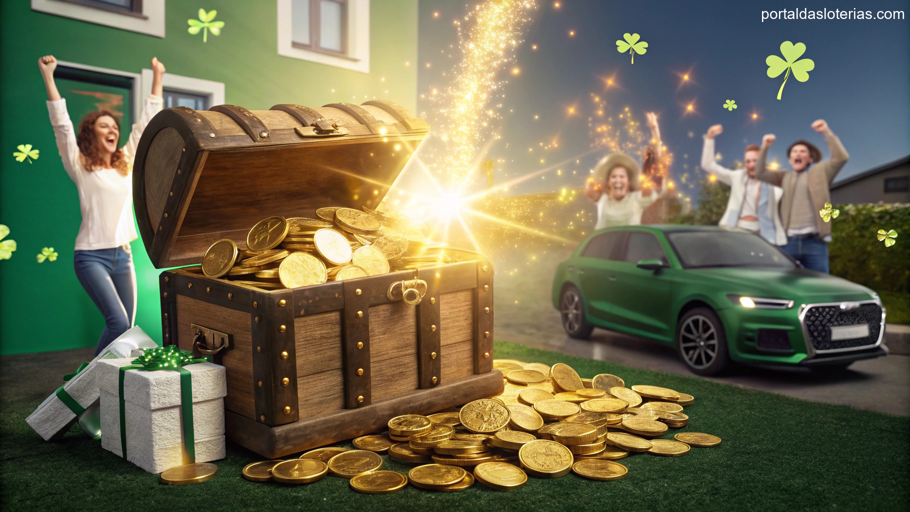 imagem de sorte e riqueza com tesouro, ouro e símbolos de prosperidade