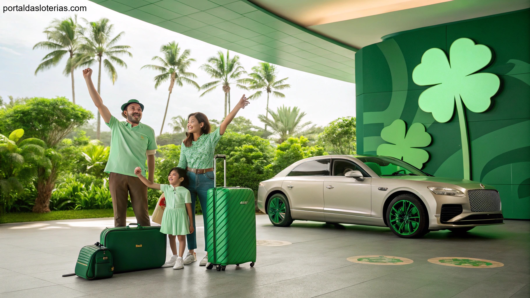 Imagem de uma família comemorando vitória com tema de prosperidade e tons verdes