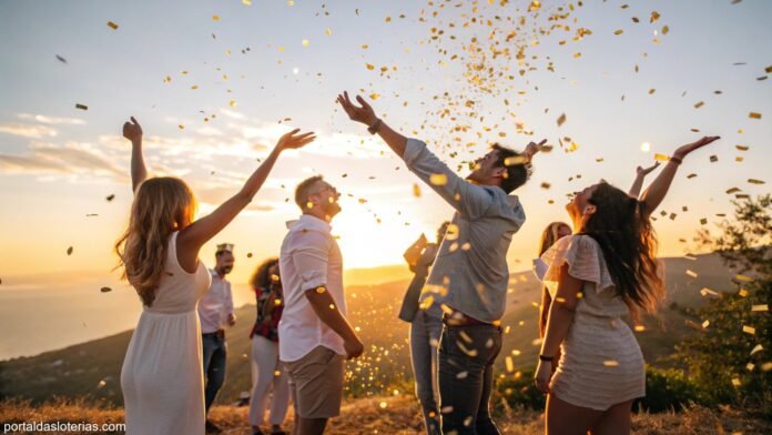 imagem de pessoas comemorando em ambiente alegre ao pôr do sol, simbolizando sorte e prosperidade