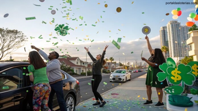 imagem de pessoas comemorando simbolizando sorte e sonhos com confetes e paisagem de cidade ao fundo