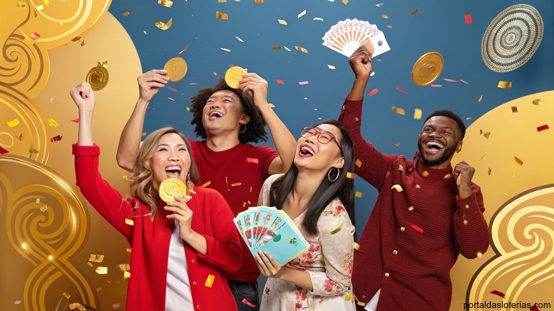 Imagem otimizada para SEO mostrando pessoas comemorando a sorte com elementos simbólicos de riqueza e prosperidade.