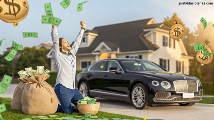 imagem de um ganhador comemorando com simbolos de prosperidade como dinheiro e casa ao fundo