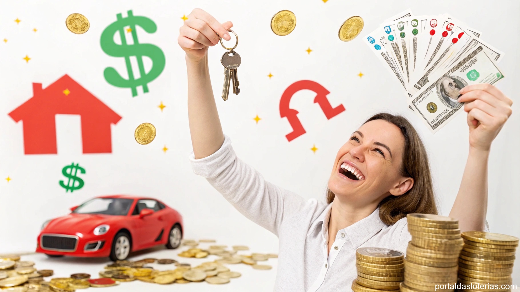 Imagem de uma pessoa feliz simbolizando sorte e ganhos financeiros com elementos de prosperidade como moedas e chave de carro.