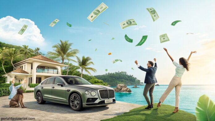 Imagem representando sorte com pessoas comemorando e símbolos de riqueza como casa e carro.