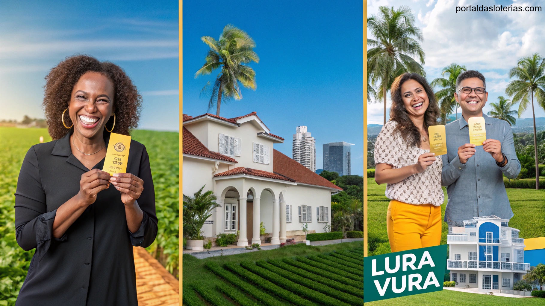 Imagem de vencedores da Lotofácil representando São Luís, Londrina e Vacaria em cenários festivos e vibrantes.