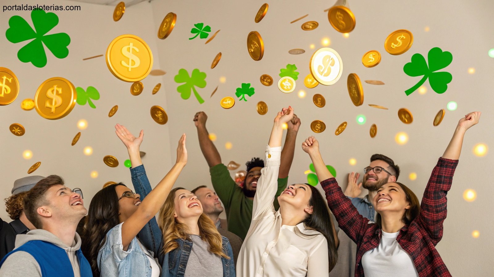 Imagem de pessoas celebrando a sorte com símbolos de riqueza e boa fortuna ao fundo.