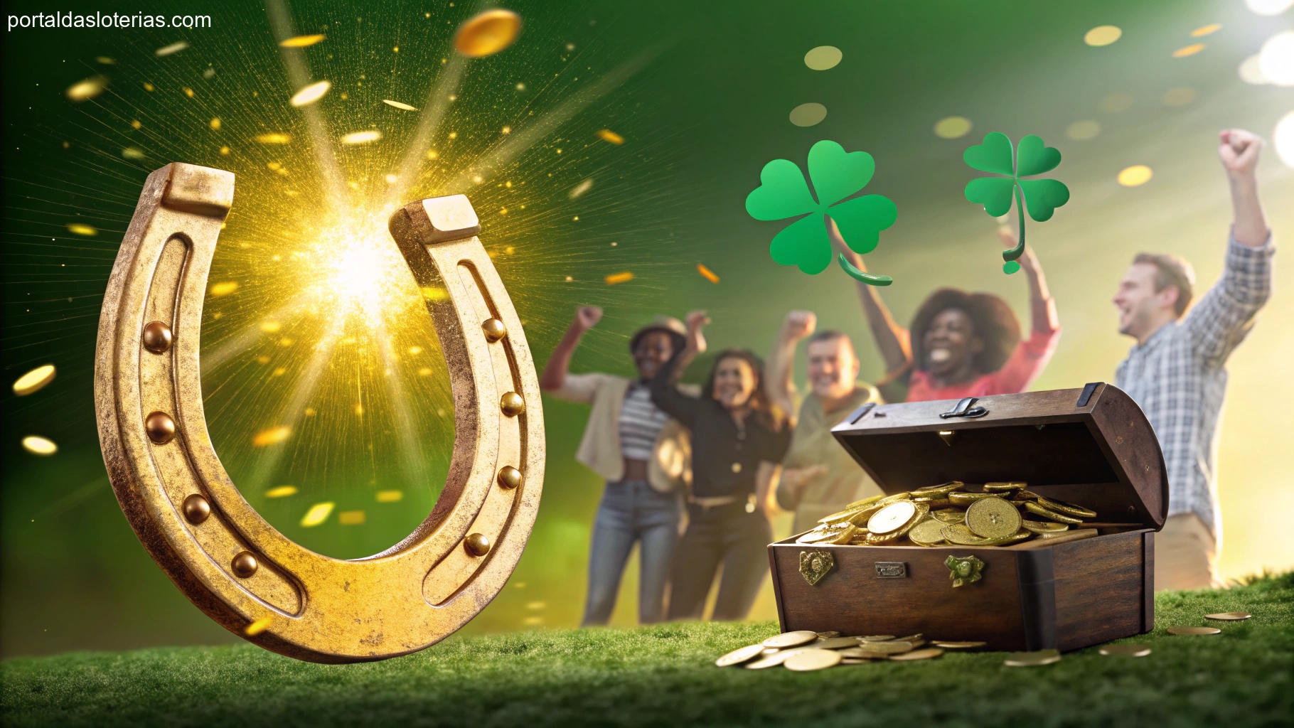 Imagem de pessoas celebrando com simbolismos de sorte e fortuna em tons de verde e dourado