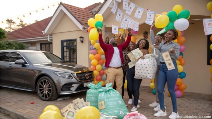 Imagem de pessoas celebrando com símbolos de riqueza, como uma casa, carro e sacos de dinheiro.