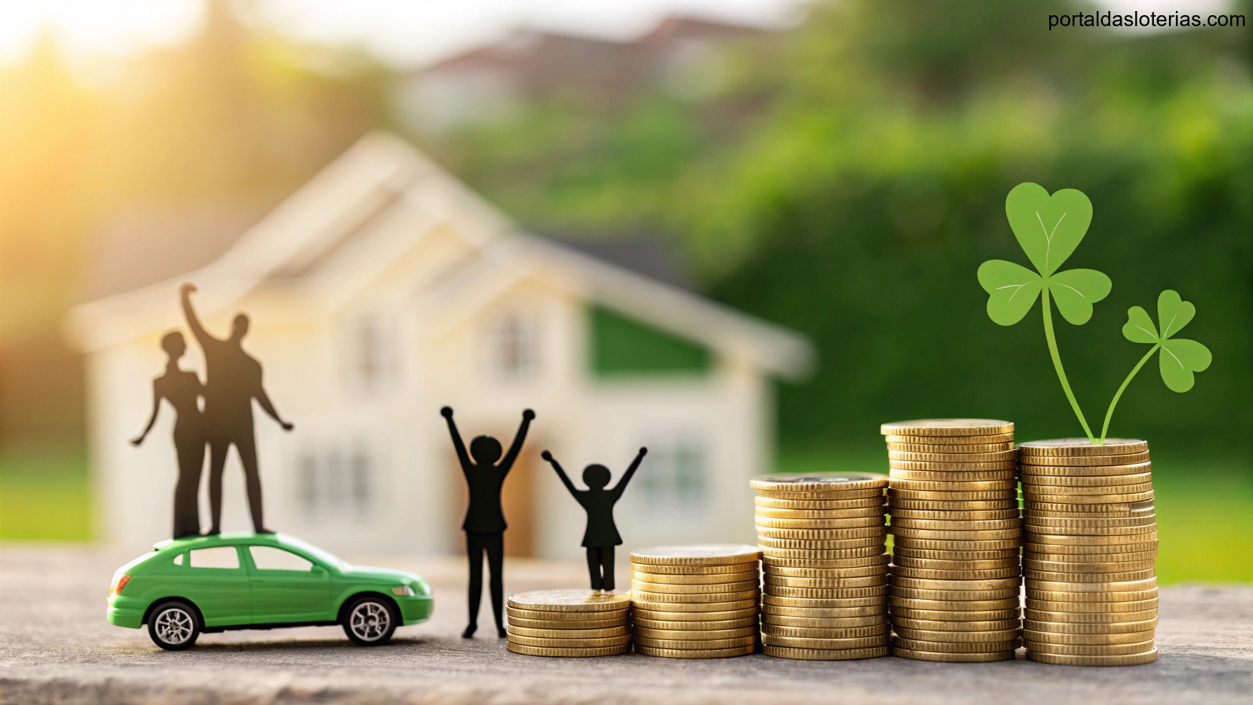 imagem de símbolos de sorte e riqueza, como casa, carro e comemoração