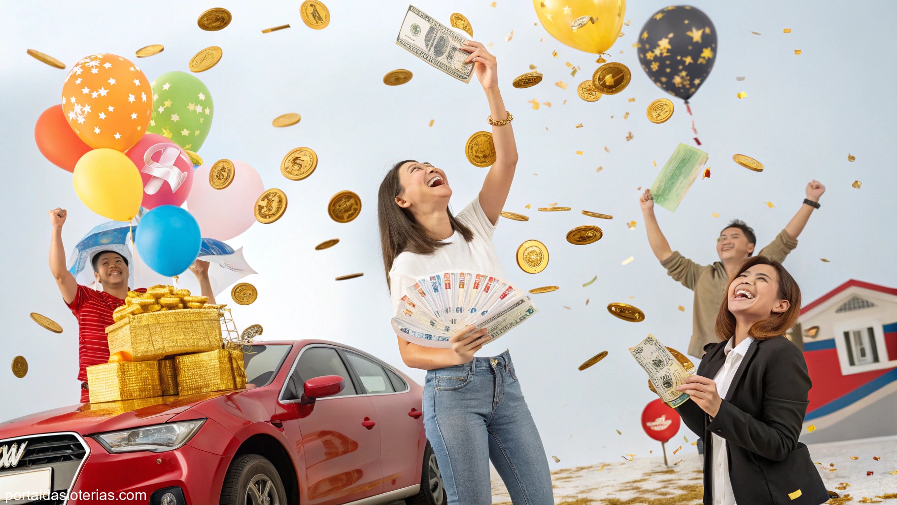 imagem de pessoas comemorando com símbolos de sorte e riqueza como moedas e casa