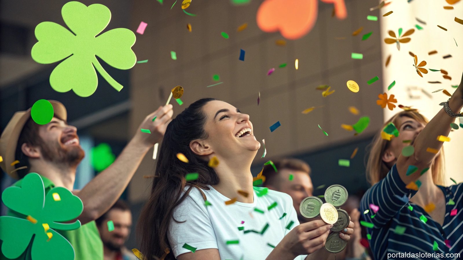 imagem de pessoas celebrando a sorte com elementos como moedas e confetes