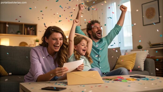 Imagem de uma família comemorando uma vitória na loteria, com confetes e alegria.