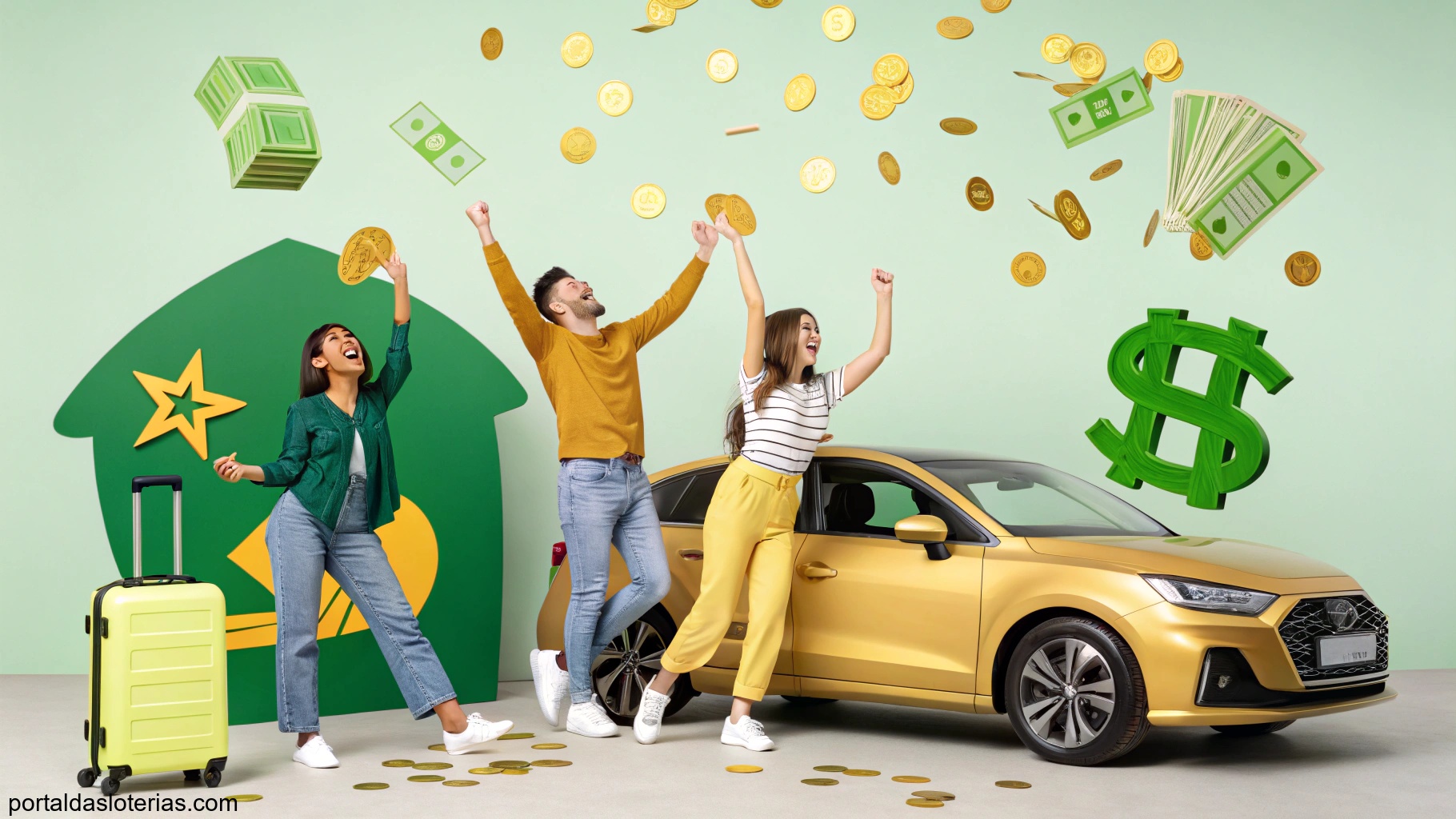 imagem de pessoas celebrando vitória na loteria com símbolos de sorte como casa e carro