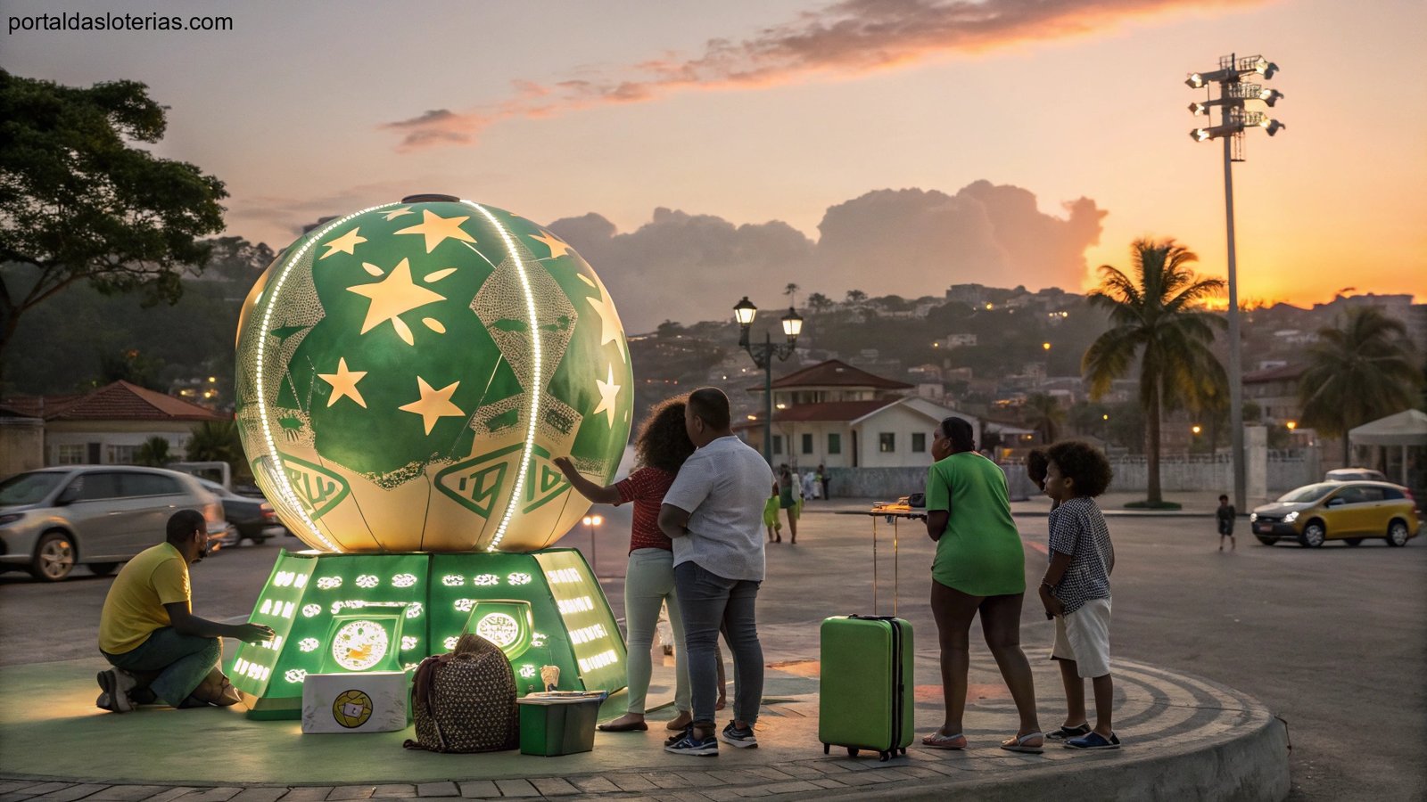 imagem de pessoas diversificadas observando máquina de loteria em uma praça, simbolizando esperança e sorte