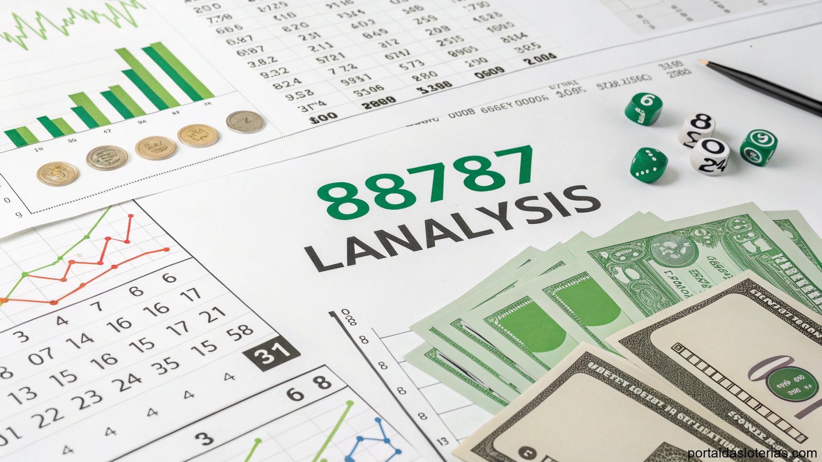 imagem de análise de loteria destacando gráficos e elementos matemáticos em tons de verde