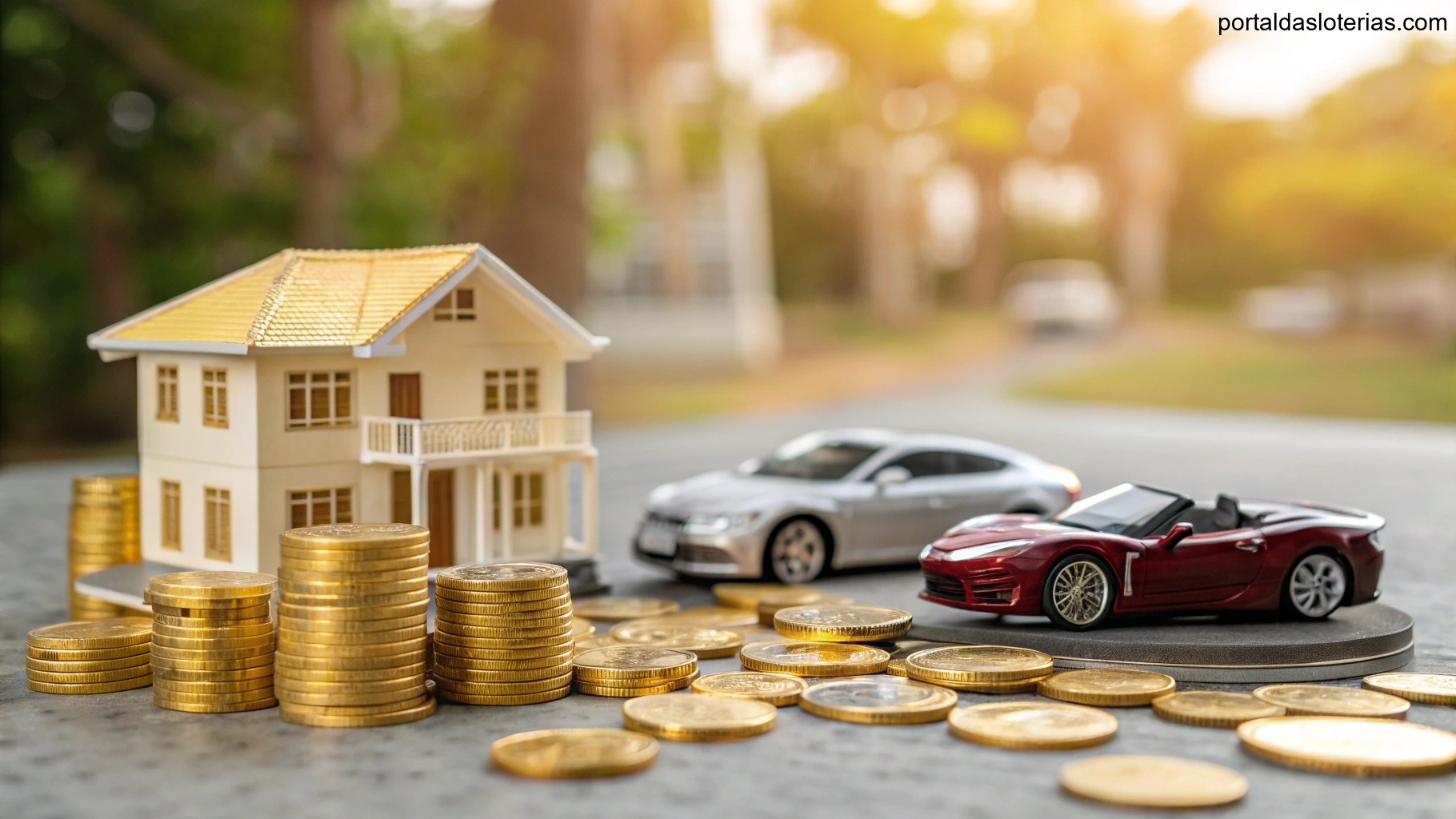 imagem de símbolos de sorte e riqueza, como casa e veículos, em tons de roxo e dourado, representando a loteria