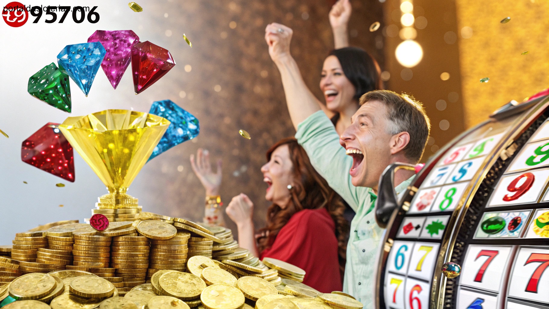 imagem de pessoas celebrando sorte com símbolos de riqueza, cores que representam a loteria