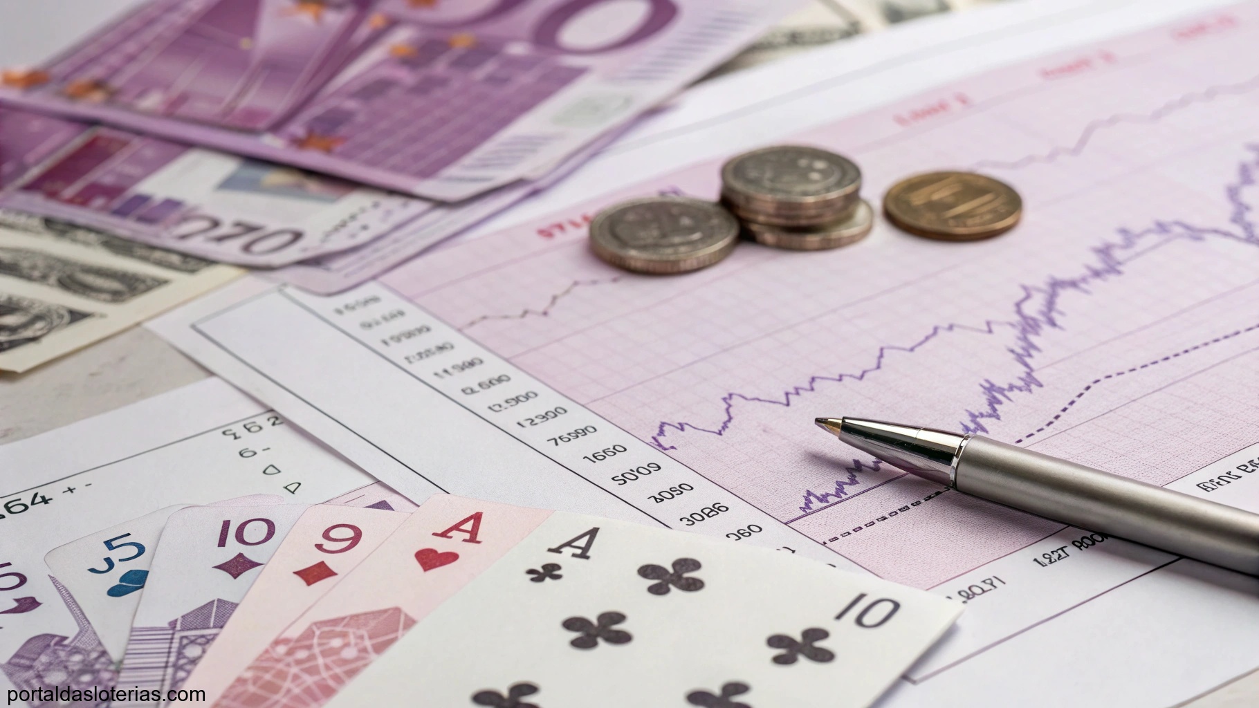 imagem de gráficos financeiros e símbolos matemáticos em tons de roxo representando análise de loteria