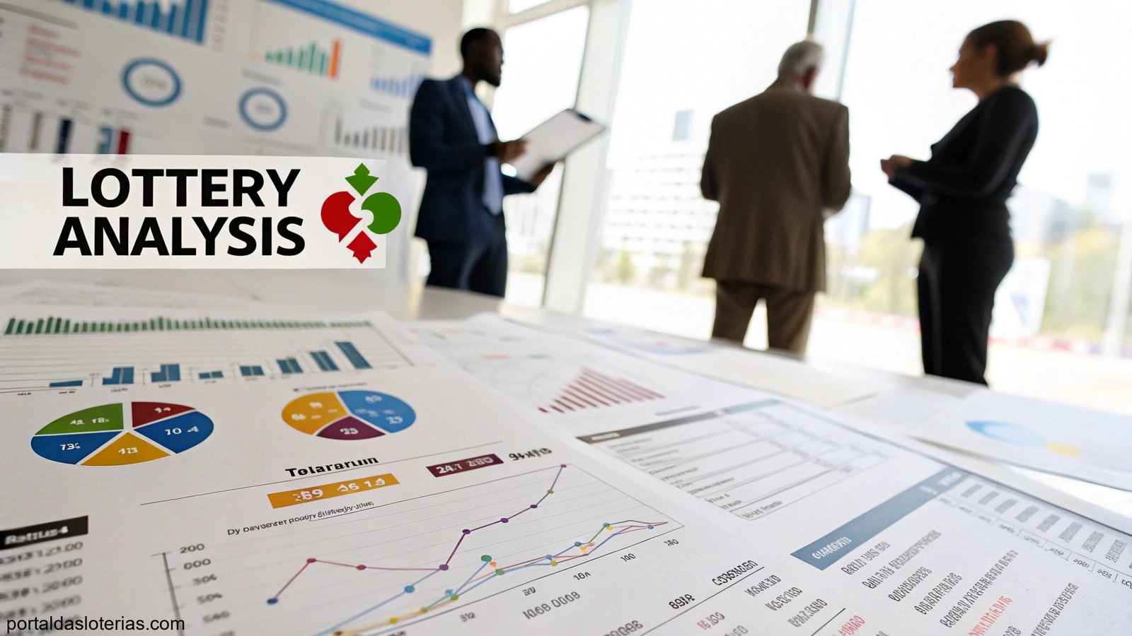 imagem de análise estatística e matemática para loteria com gráficos e pessoas discutindo tendências