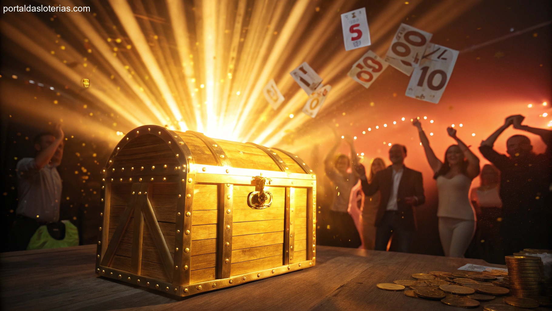 Imagem de um baú dourado com luz brilhante, simbolizando sorte e riqueza.