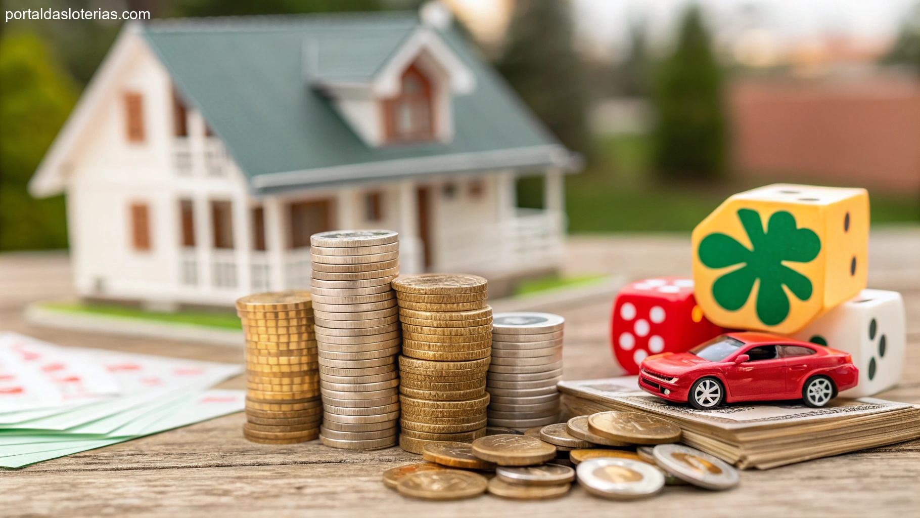 Imagem representando sorte com casa, carro e moedas em tons de dourado.