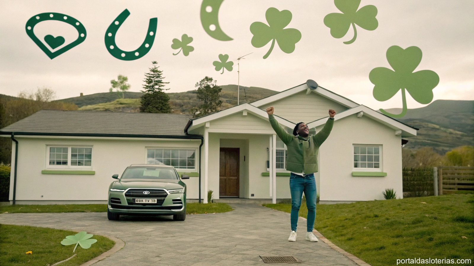 imagem de uma pessoa sorridente na frente de sua casa simples com símbolos de sorte ao redor, carro de luxo na garagem e cena de férias ao fundo