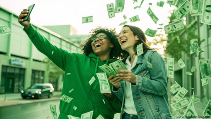 imagem de pessoas comemorando vitória na loteria com fundo verde representando sorte