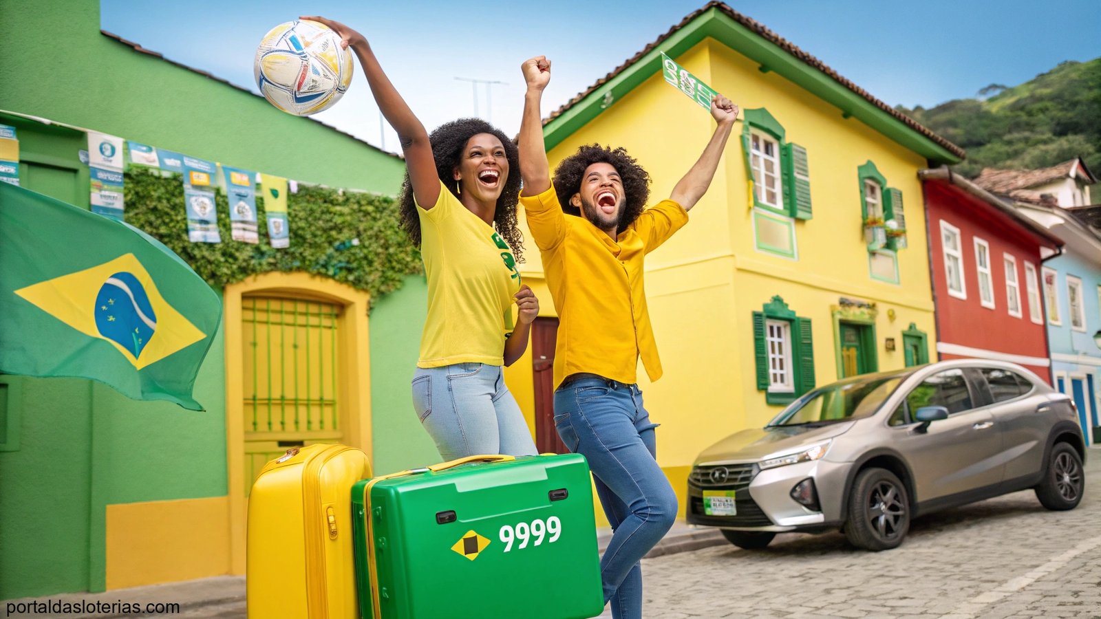 imagem de pessoas comemorando vitória na loteria em cenário de cidade pequena no Brasil